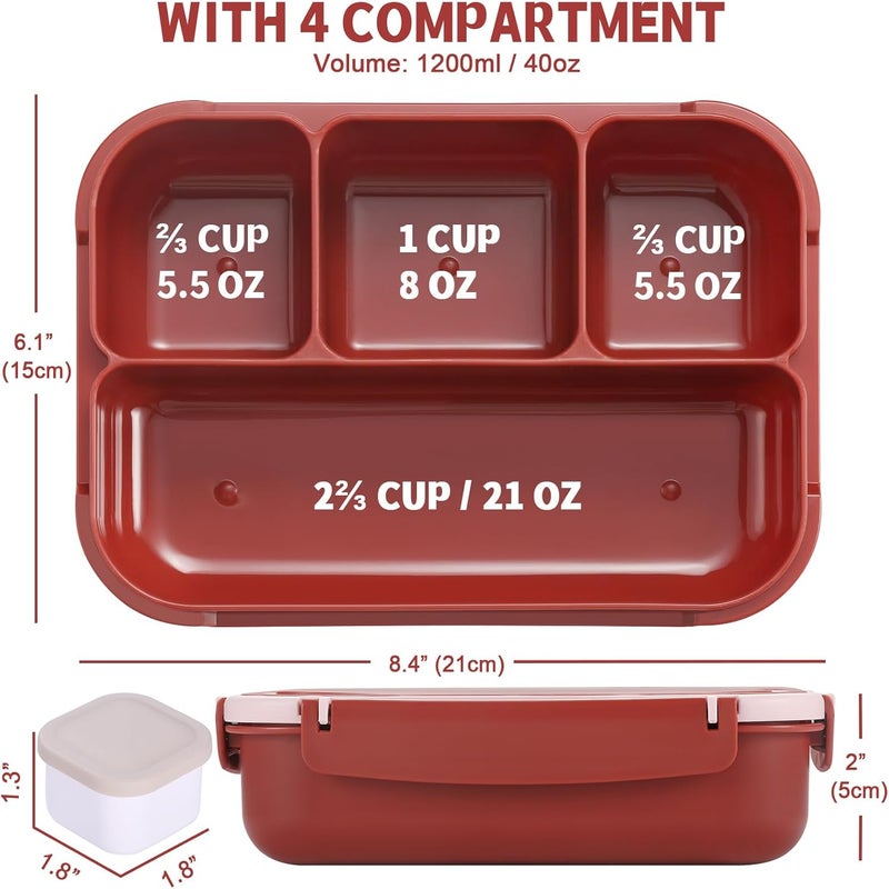 shell and turtle Bento Box Adult Lunch Box, Lunch Containers for Kids Girls Boys with 4 Compartments, Lunchable Food Container with Utensils, Sauce Jar, Muffin Liners, 40 Oz/5 Cup, Retro Red - Image 2